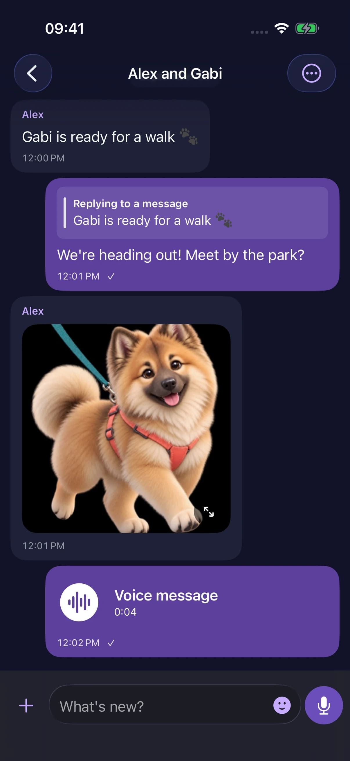 The actual Waglio chat interface with messages, a reply, a photograph and a voice note