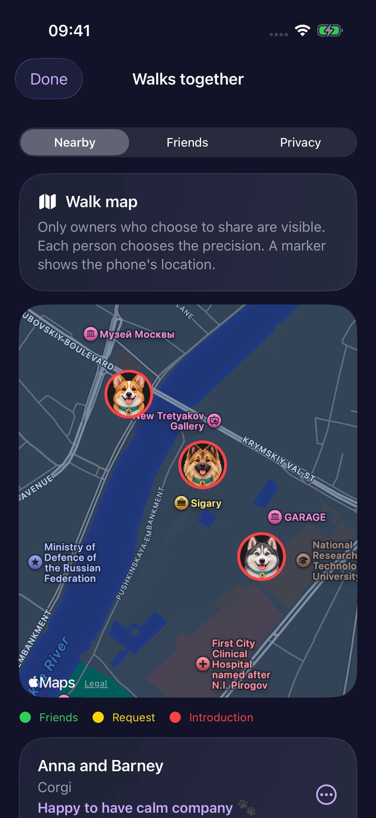 An actual Waglio screen: a map of dog owners out walking