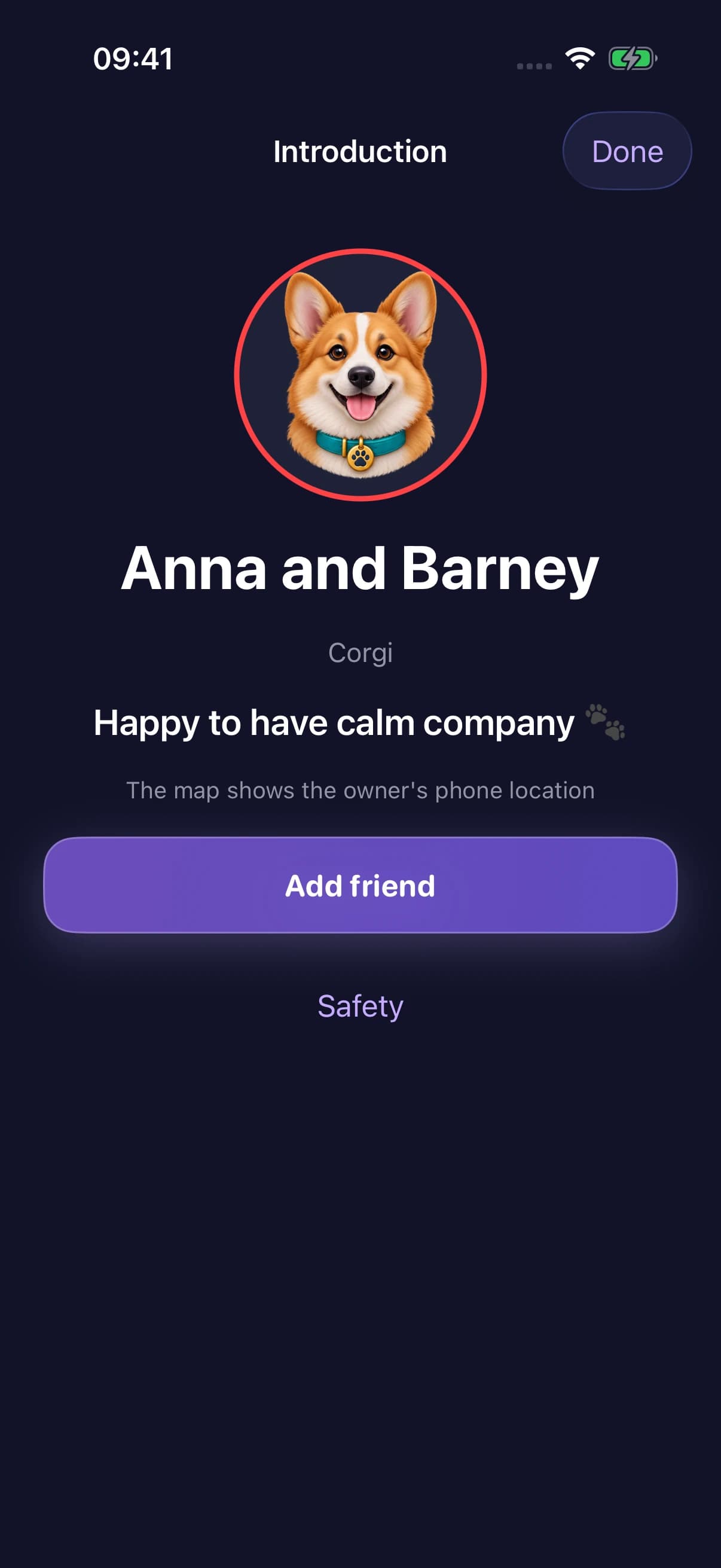 An actual Waglio screen: Anna and Barney's social card