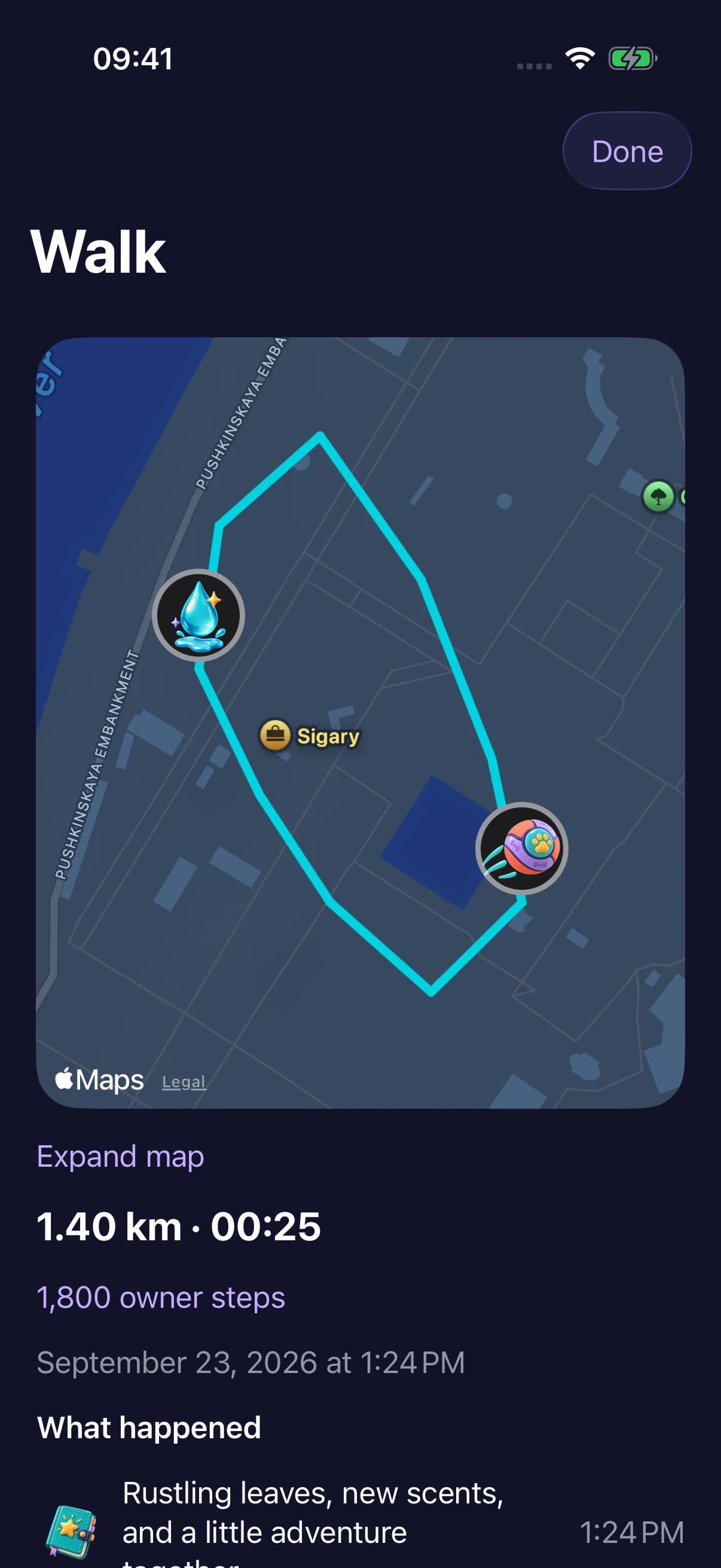 An actual Waglio screen: a saved route with toilet and play markers